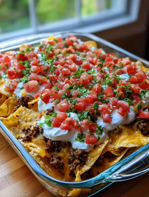 A pan of nachos with tomatoes and cheese.