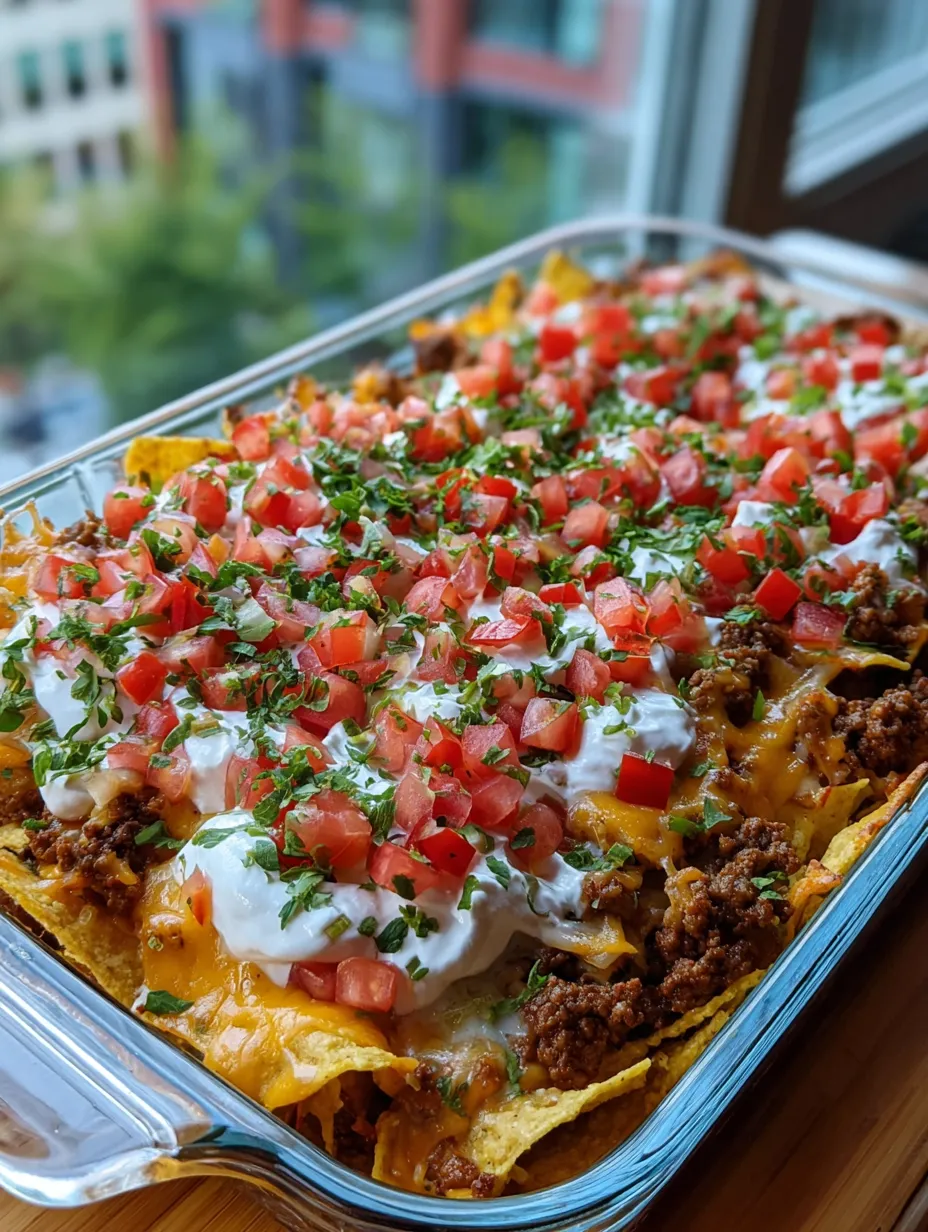A pan of nachos with tomatoes and cheese.