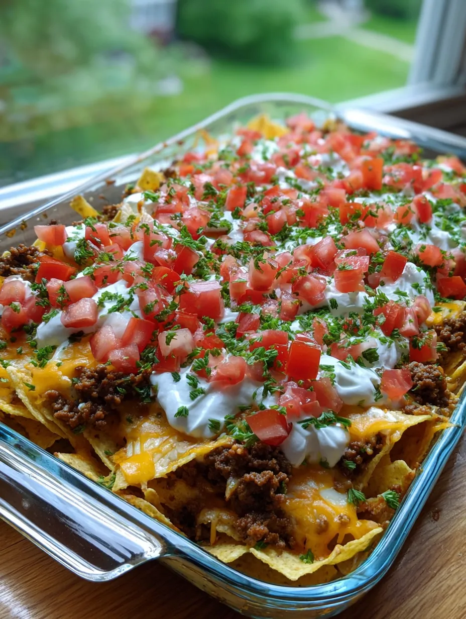 A dish of nachos with tomatoes and cheese.