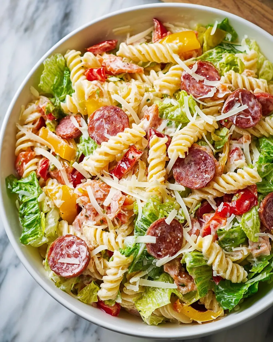 A bowl of pasta salad with sausage and tomatoes.