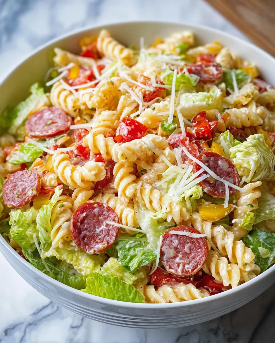 A bowl of pasta salad with tomatoes, sausage, and cheese.