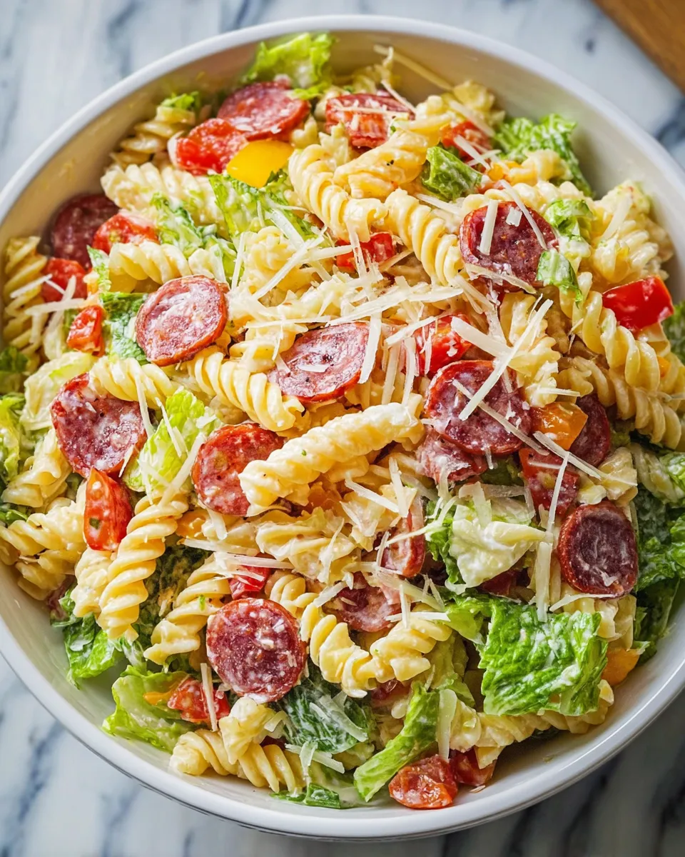 A bowl of pasta salad.