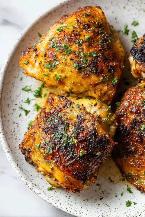 A plate of chicken with herbs on it.