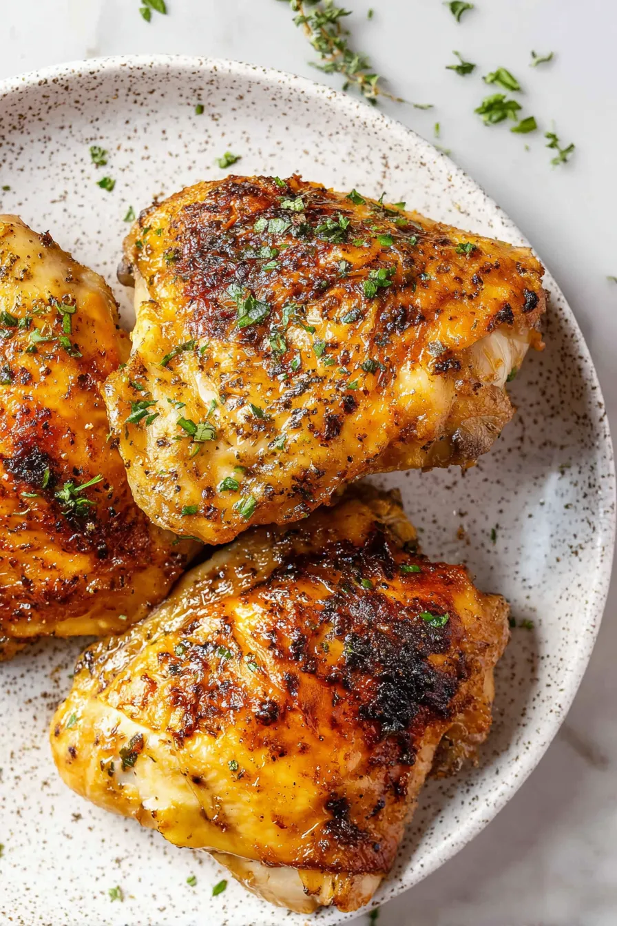 A plate of chicken with herbs on top.