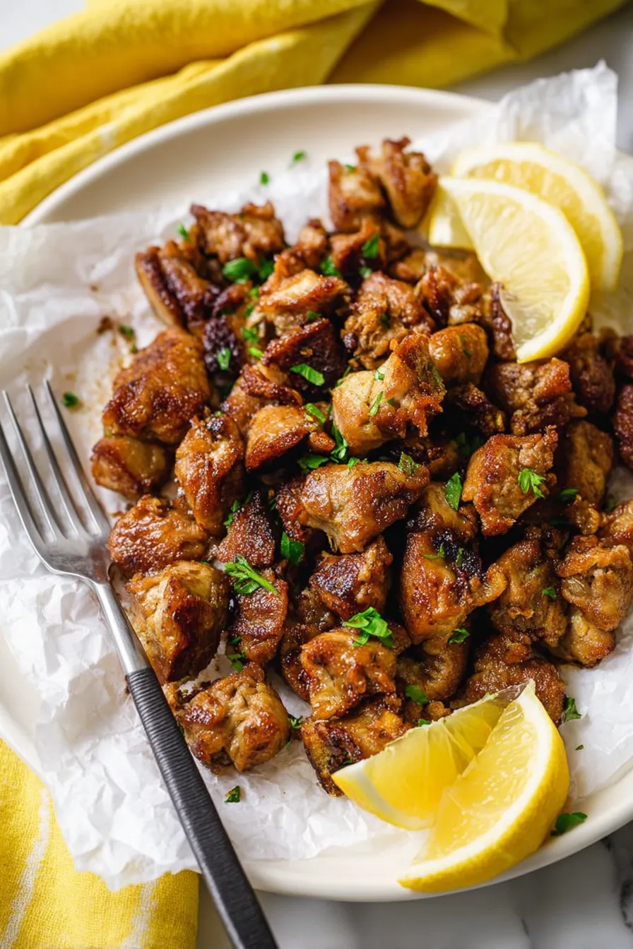 A plate of meat with lemon wedges on the side.