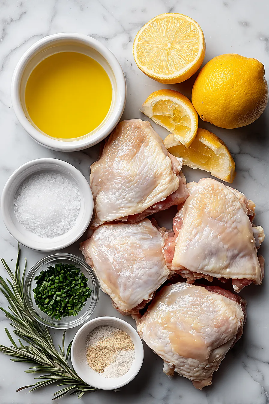 A plate of chicken with lemon slices and seasoning.