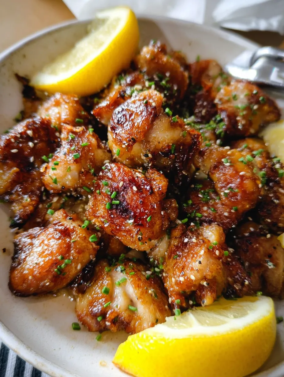 A bowl of meat with a lemon wedge on top.