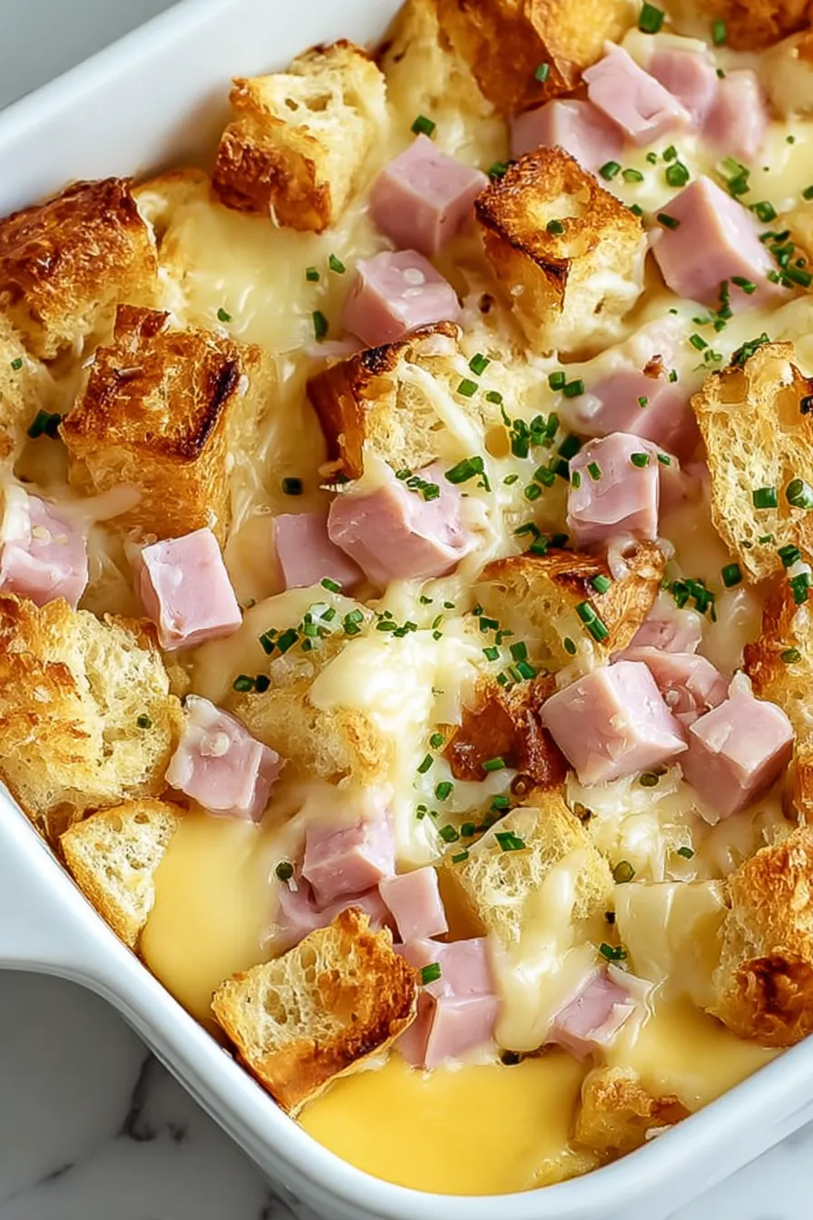 A dish of ham and cheese with toast.