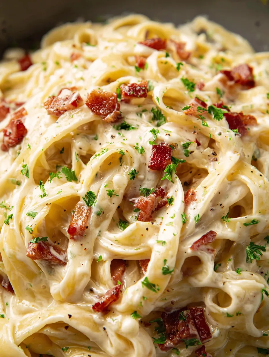 A bowl of pasta with bacon and cheese.