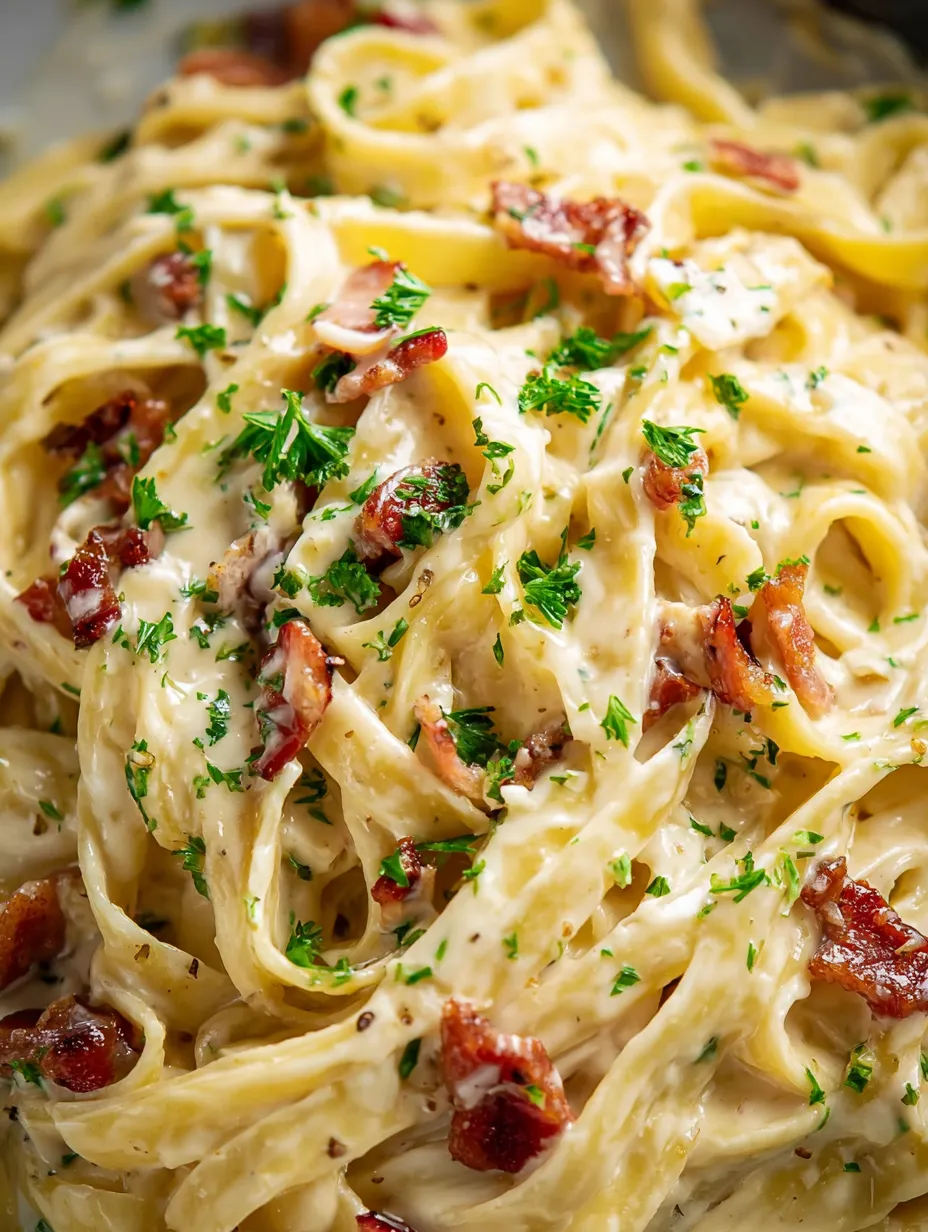 A plate of pasta with bacon and cheese.