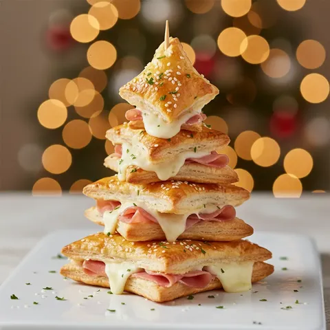 A stack of sandwiches with cheese and ham on top.