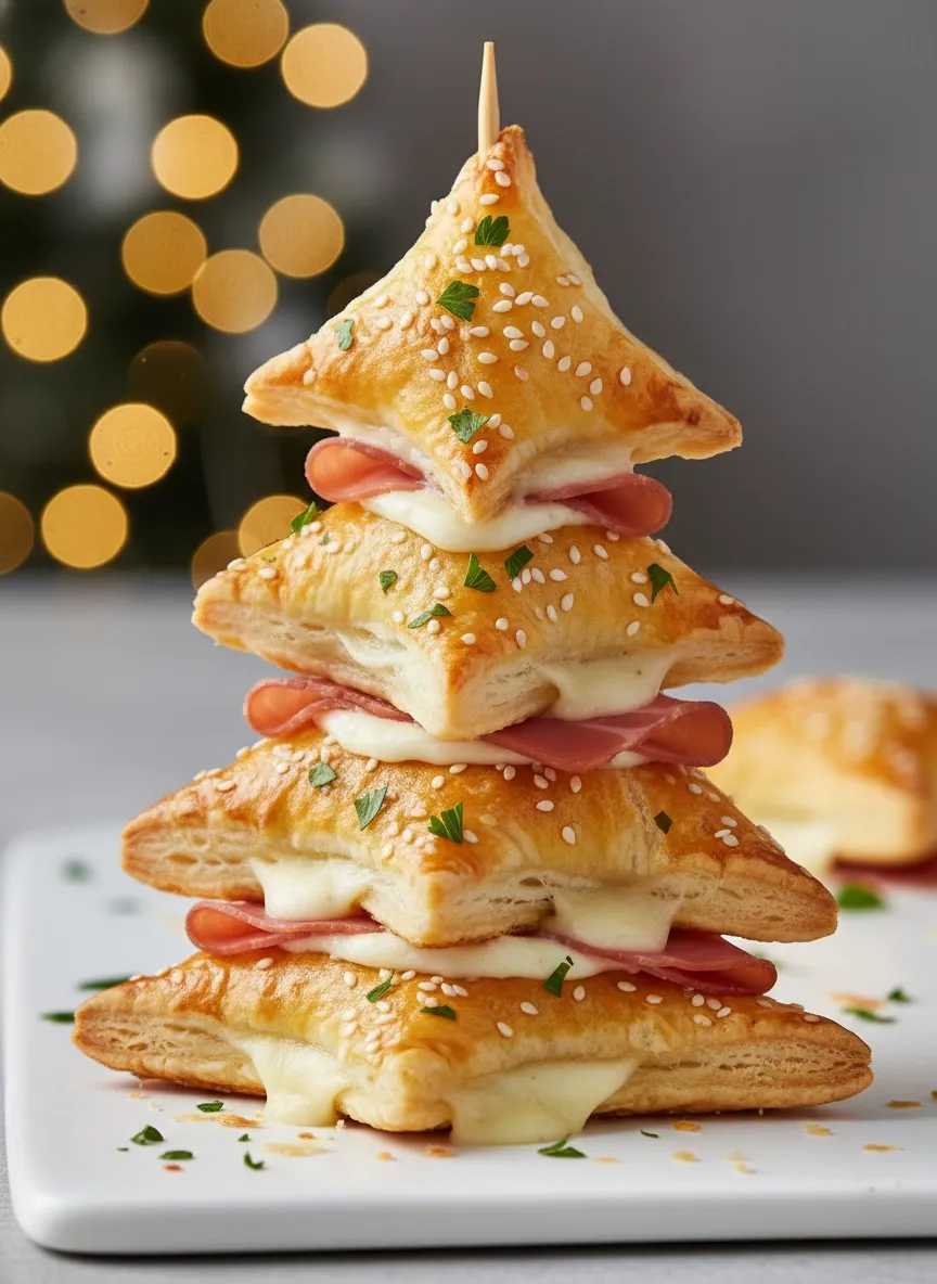 A stack of sandwiches with cheese and ham.