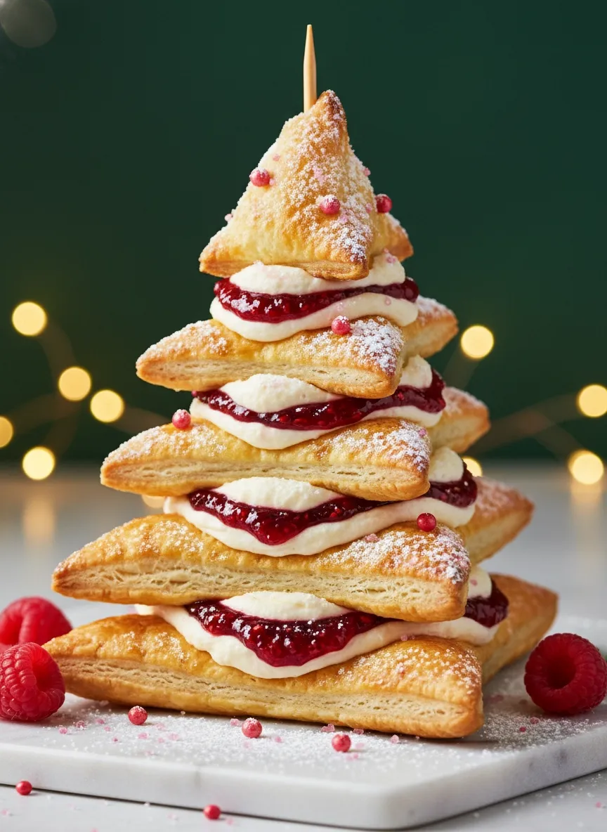 A stack of pastries with white icing and raspberries.