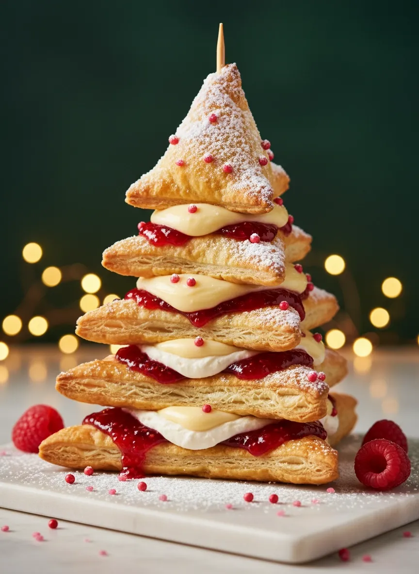 A stack of croissants with jelly and powdered sugar.