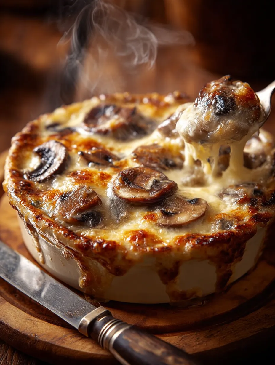 A bowl of Creamy Mushroom with a spoon in it.
