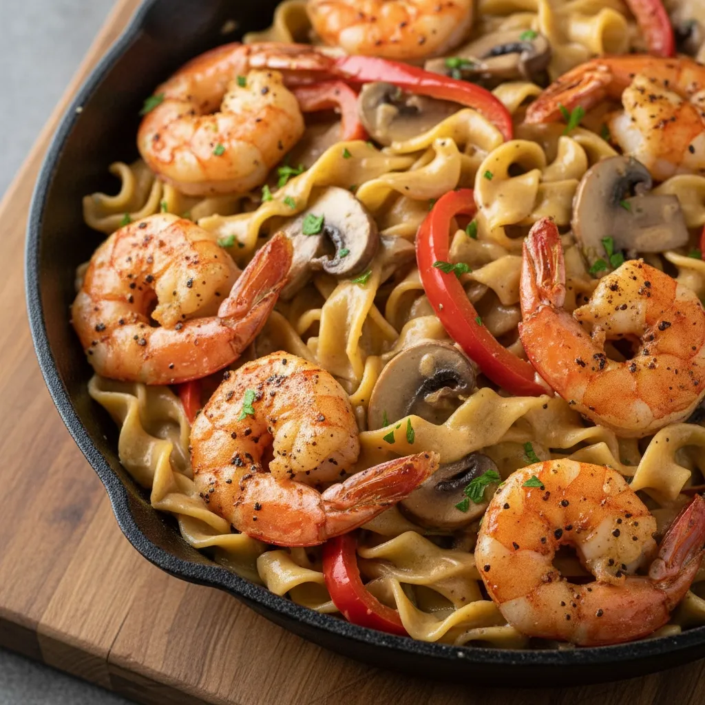 A pan of shrimp and mushrooms.