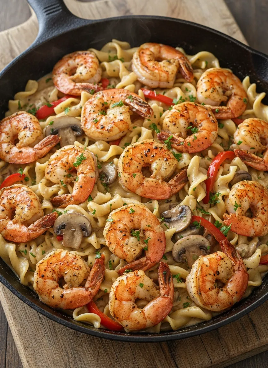 A pan of shrimp and pasta.