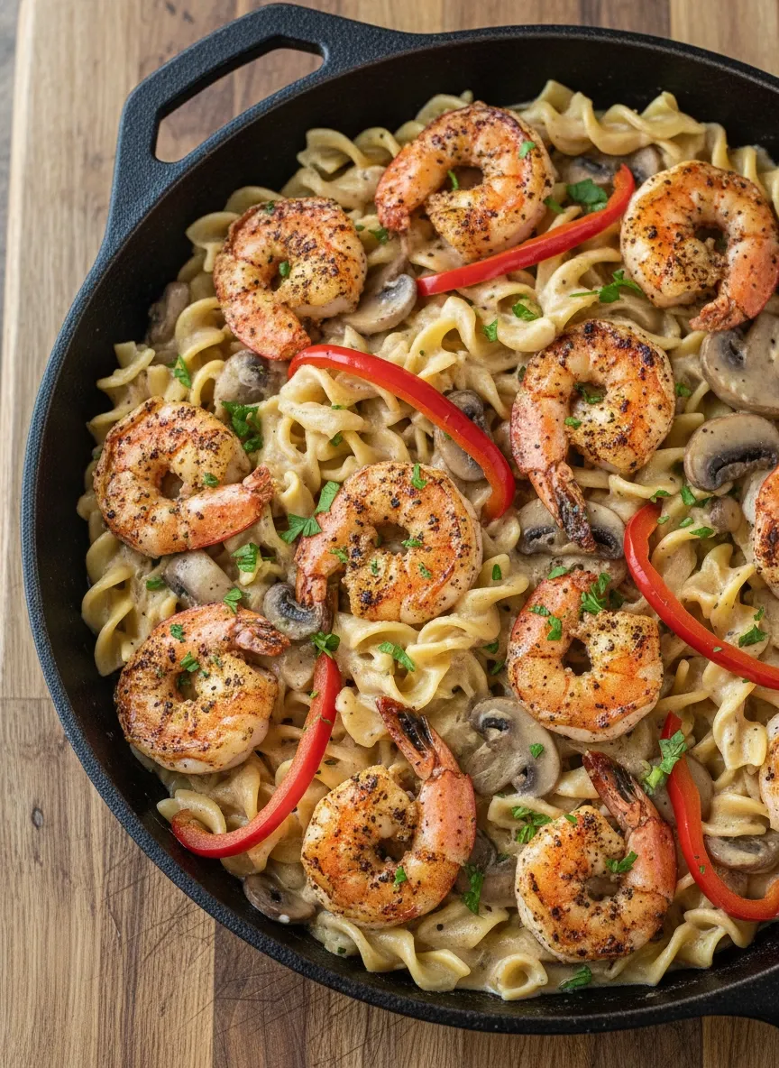 A pan of Blackened Shrimp Stroganoff.