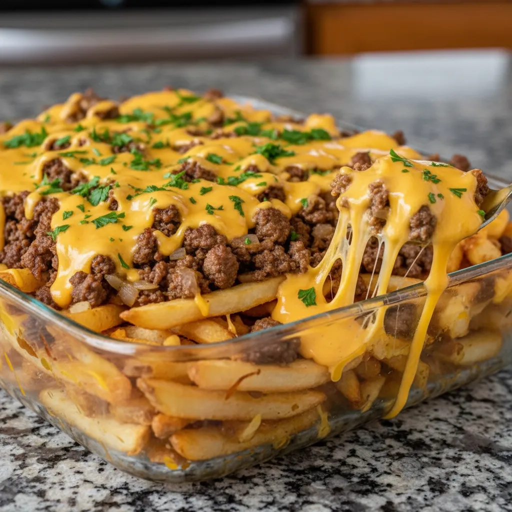 A dish of food with cheese and onions.