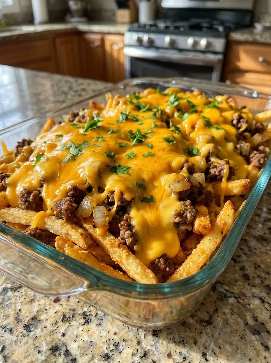 A dish of cheese covered fries.
