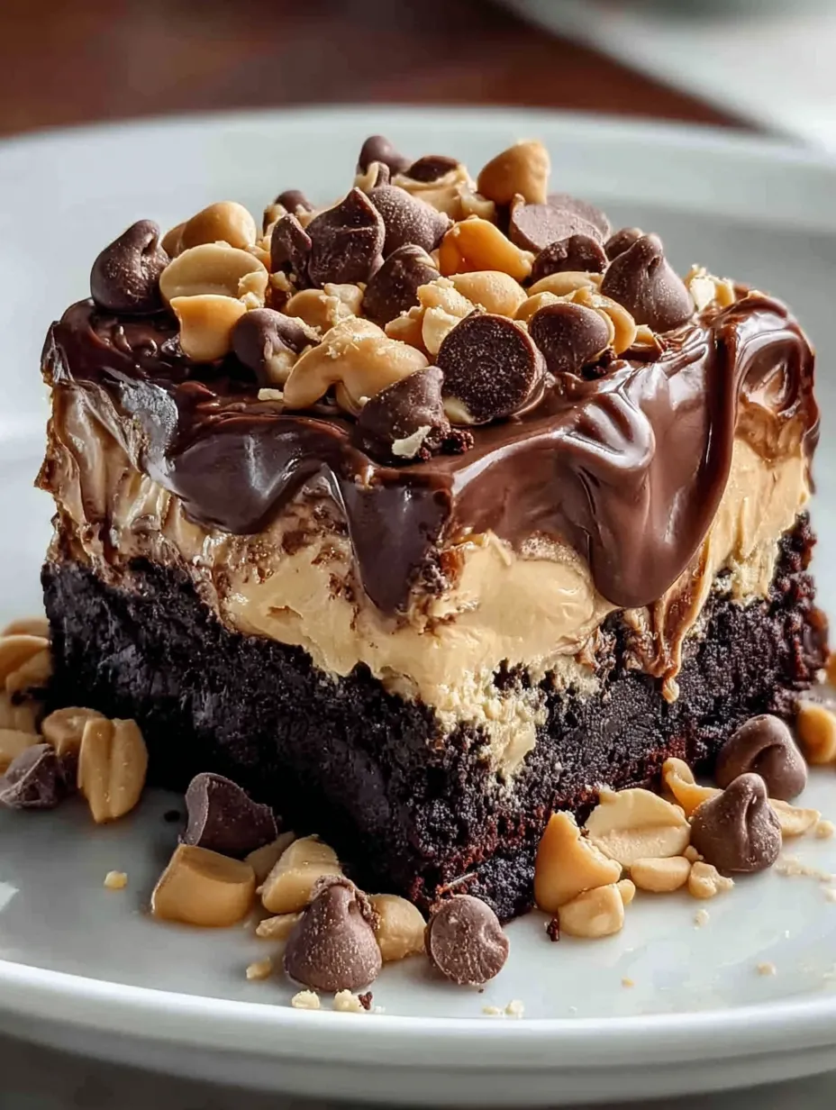A slice of chocolate cake with peanut butter and chocolate chips.
