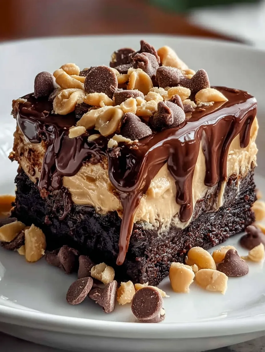 A chocolate cake with peanut butter and chocolate chips.