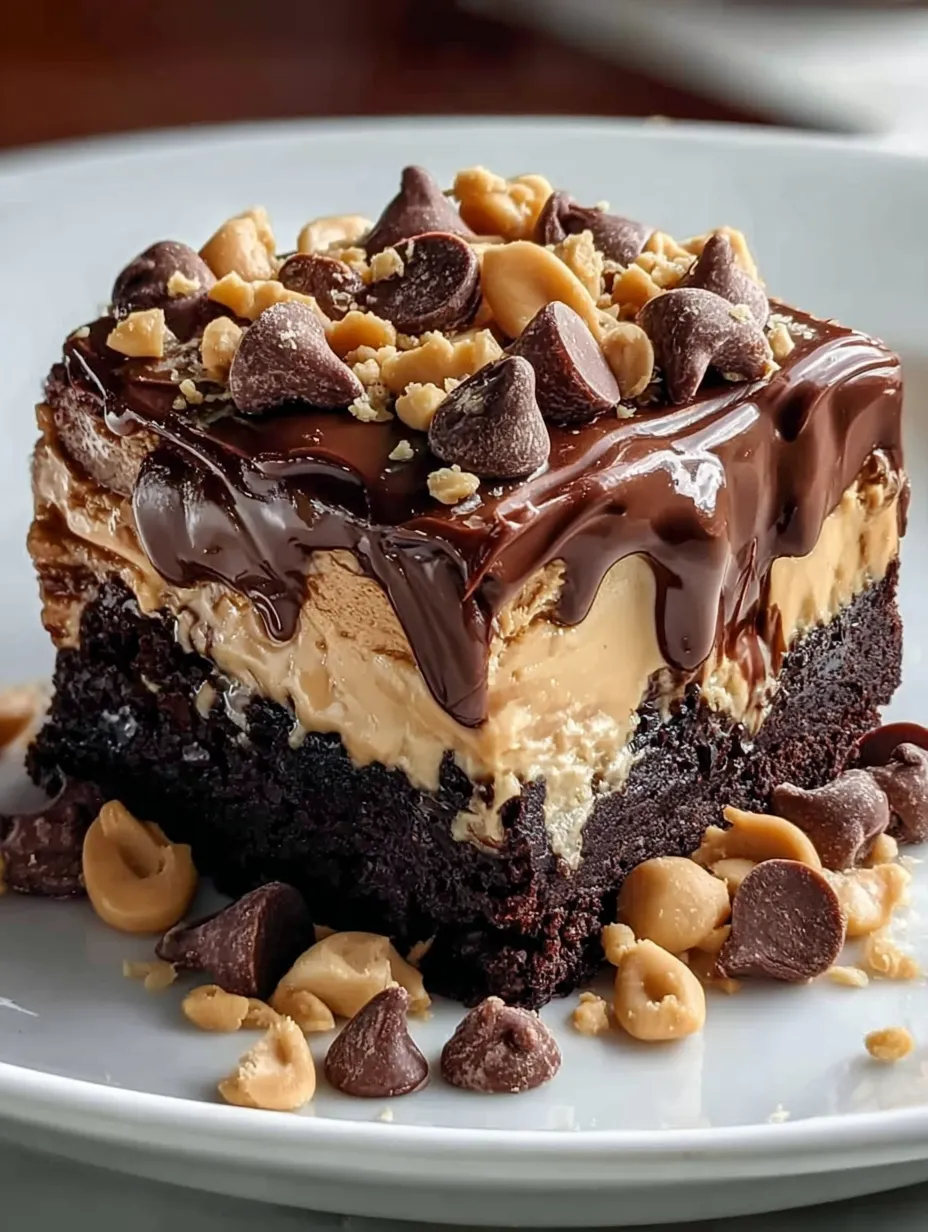 A slice of chocolate cake with peanut butter and chocolate chips.