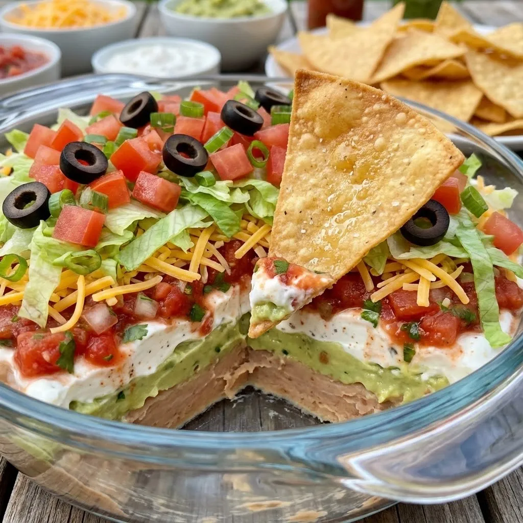 A plate of food with a tortilla chip on top.