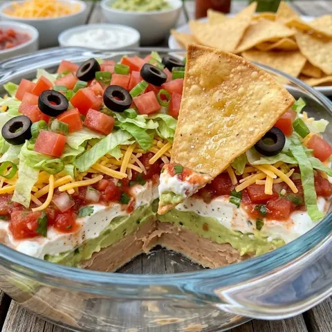 A plate of food with a tortilla chip on top.