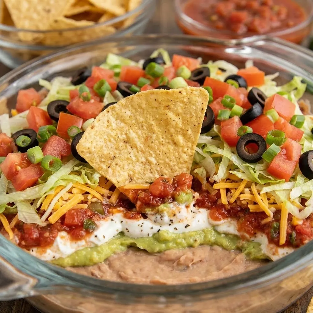 A bowl of food with a tortilla chip on top.