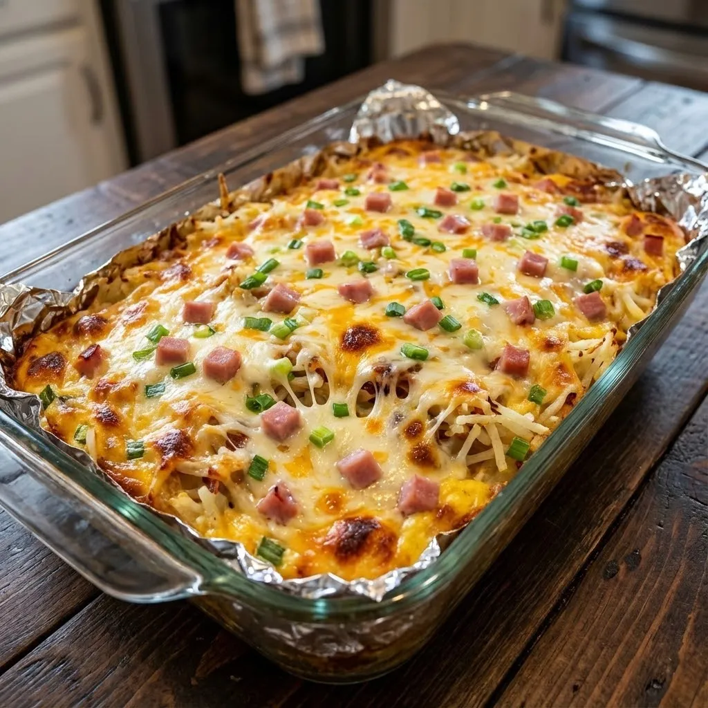 A casserole dish filled with ham and cheese.