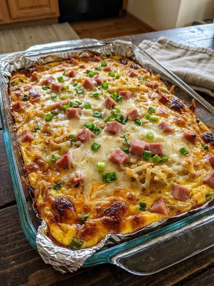 A pan of food with ham and cheese.