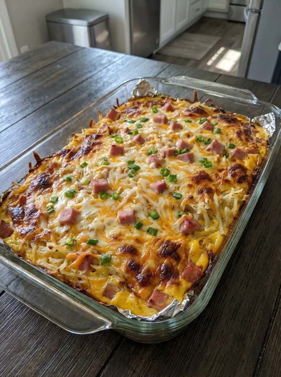 A casserole dish filled with ham and cheese.