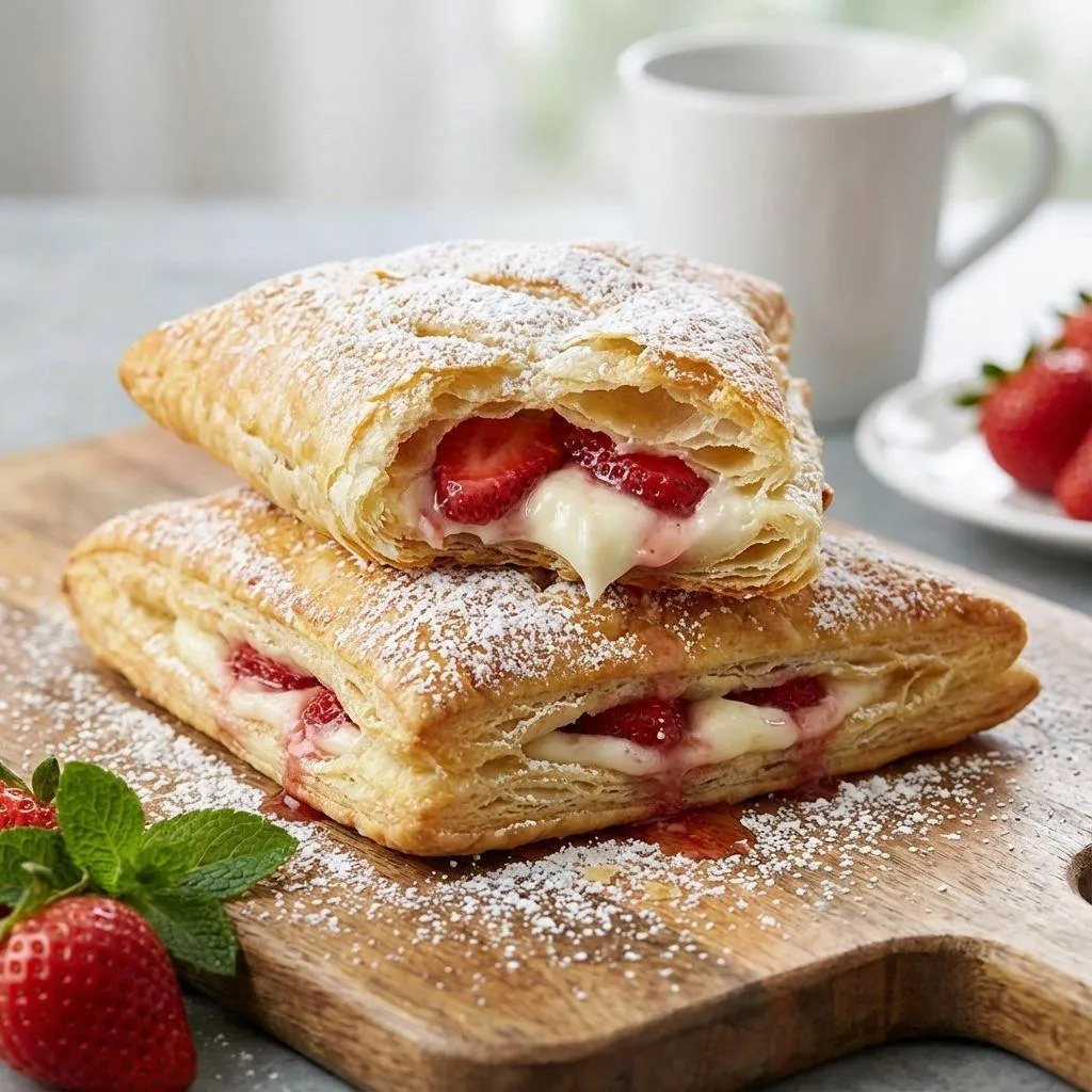 A pastry with strawberries and whipped cream on top.