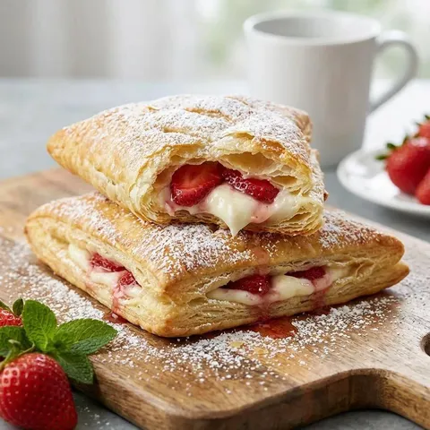 A pastry with strawberries and whipped cream on top.