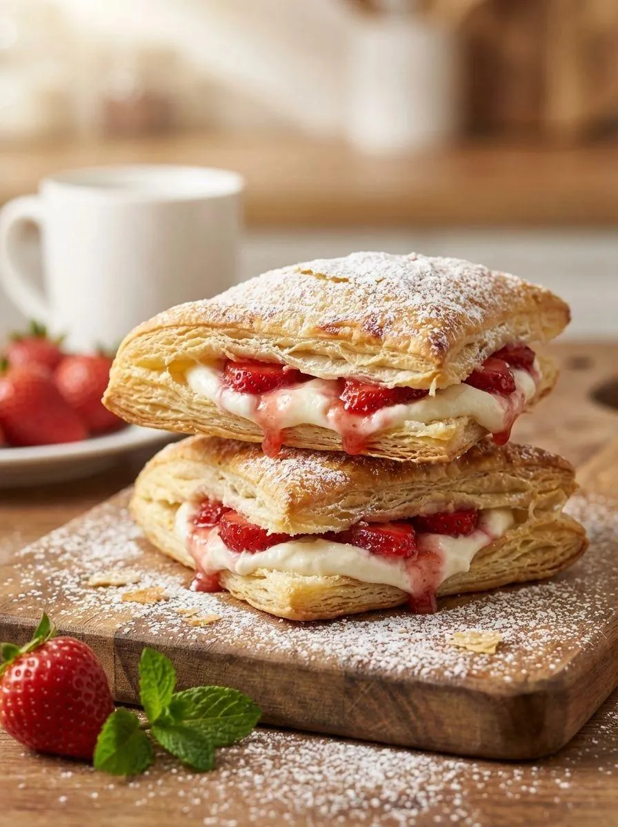 Two pastries with strawberries and whipped cream on top.