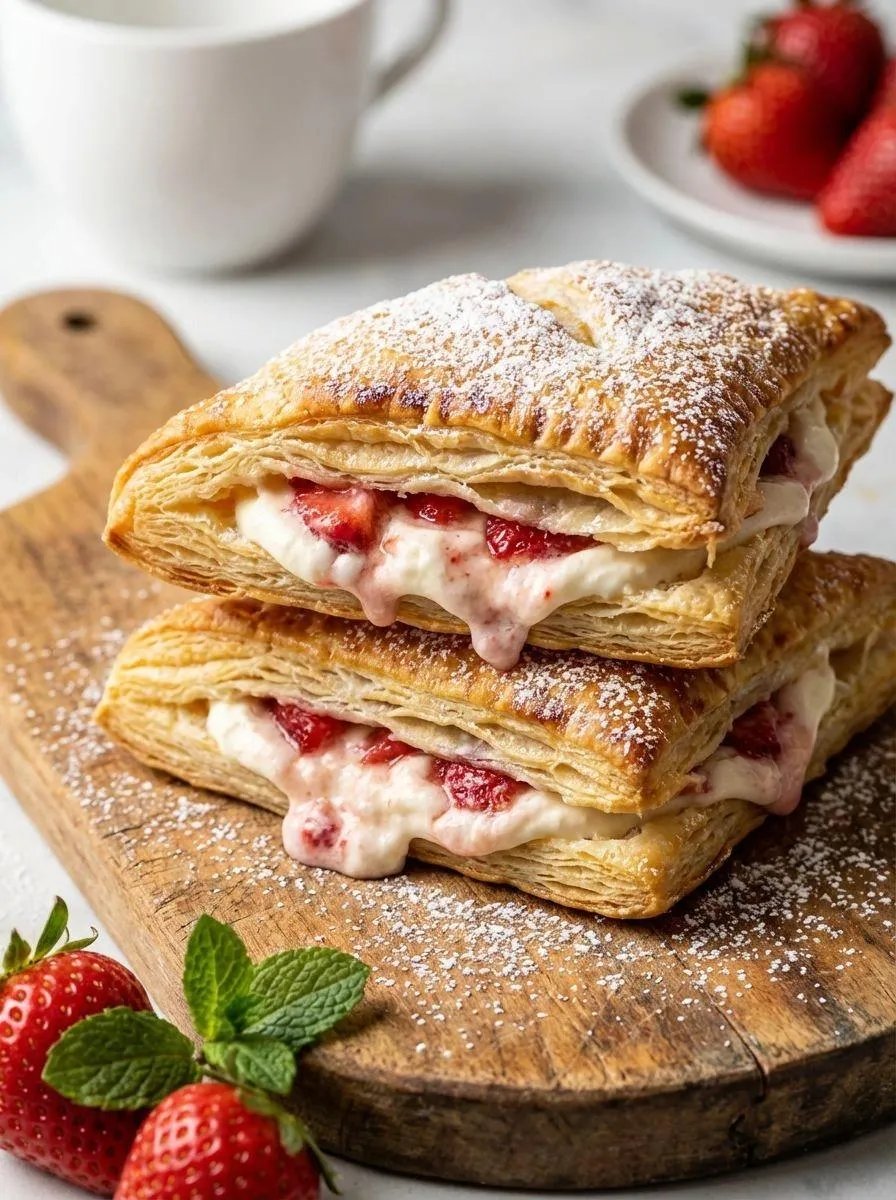 A stack of pastry with strawberry filling.