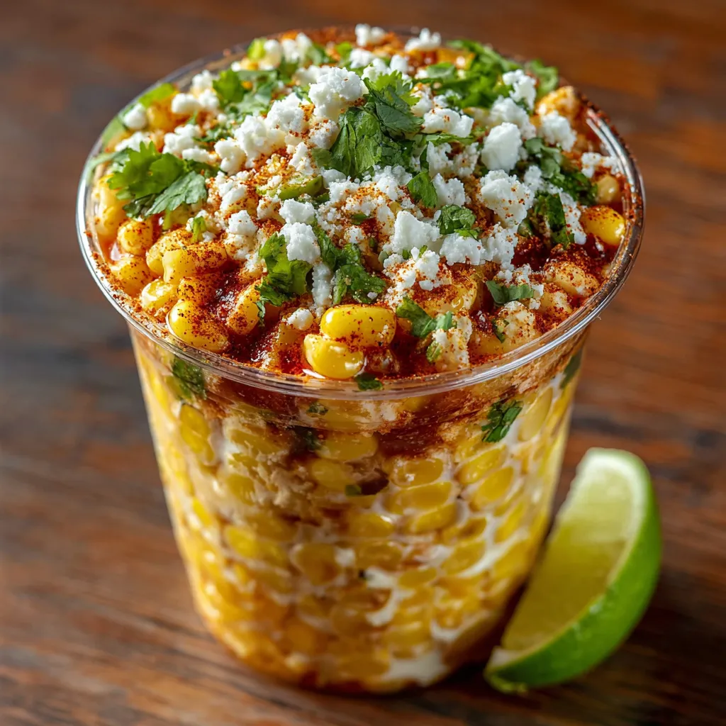 A cup of food with corn and cheese.