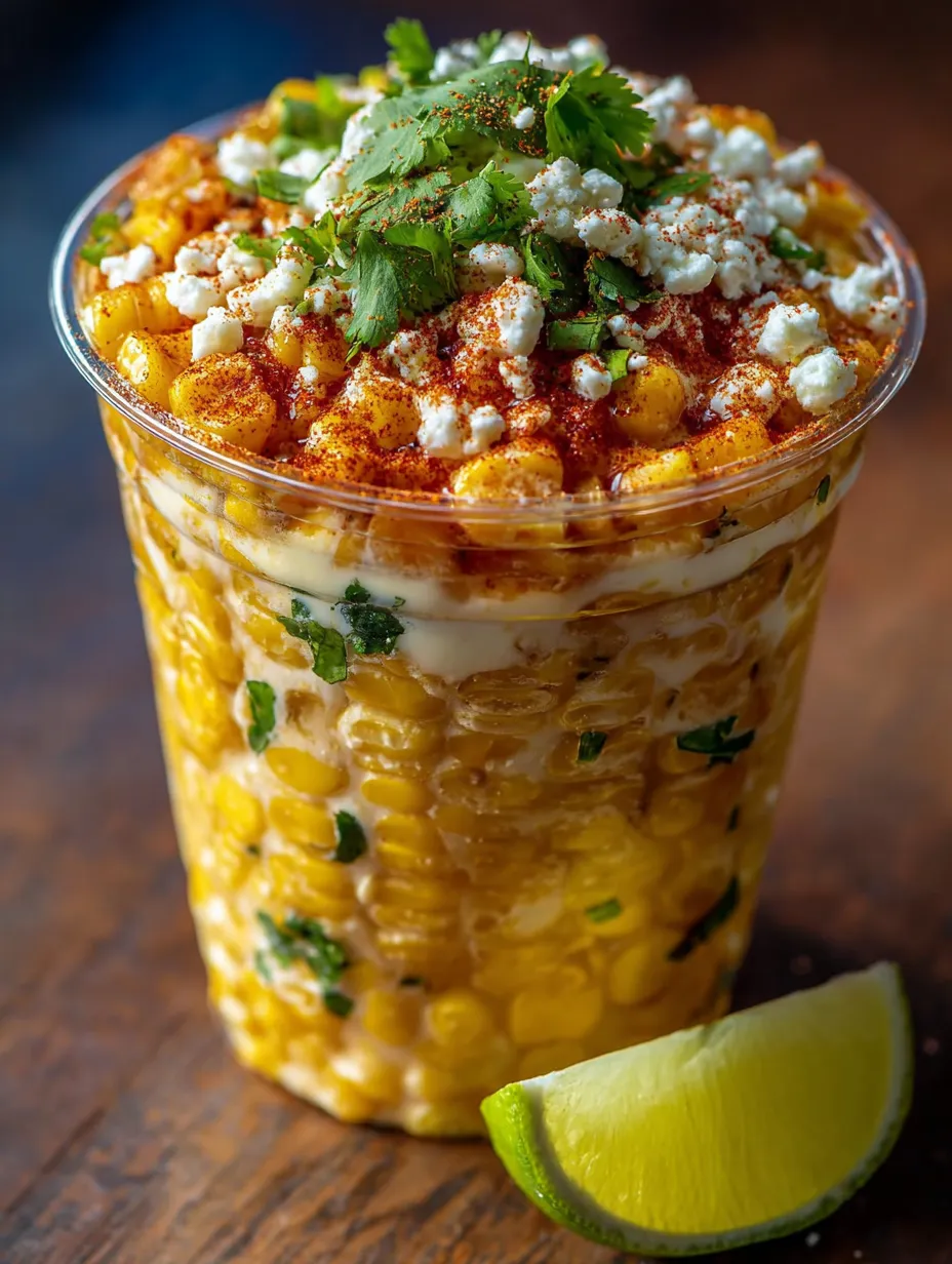 A cup of corn with cheese and lime.