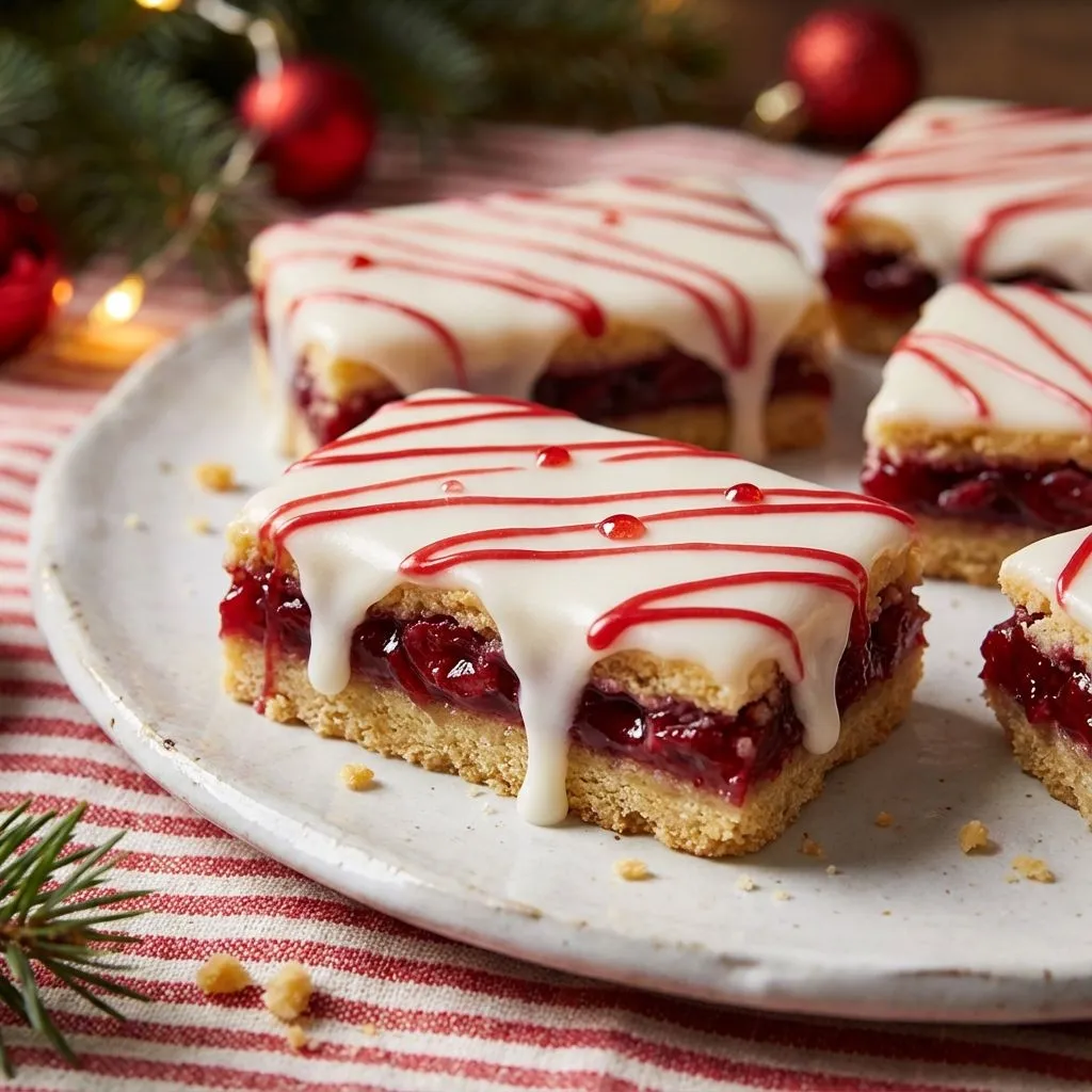 A plate of desserts with white icing and red berries.