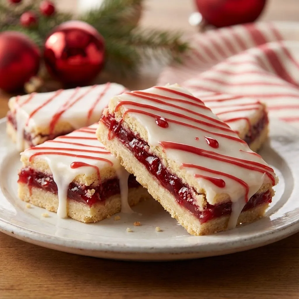 A plate of cookies with white icing and red jelly.