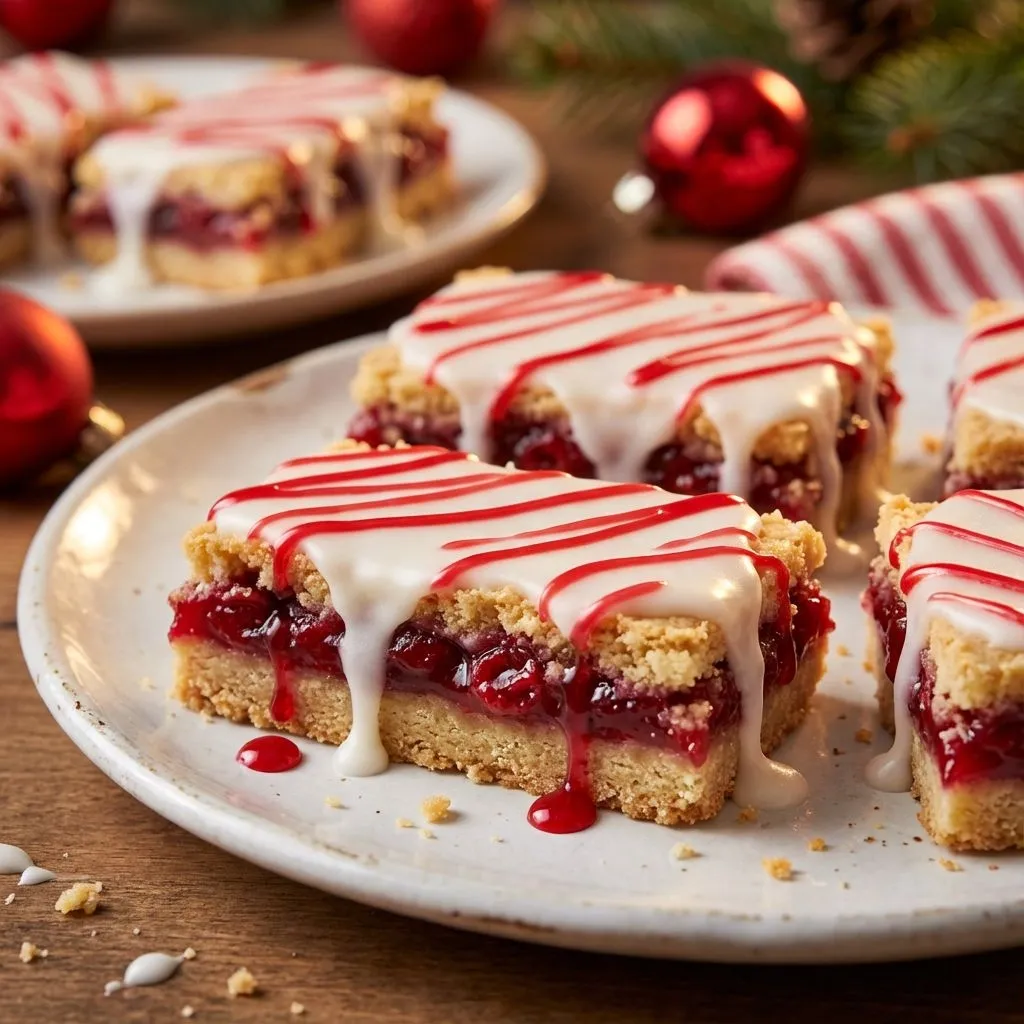 A plate of desserts with white icing and red jam.