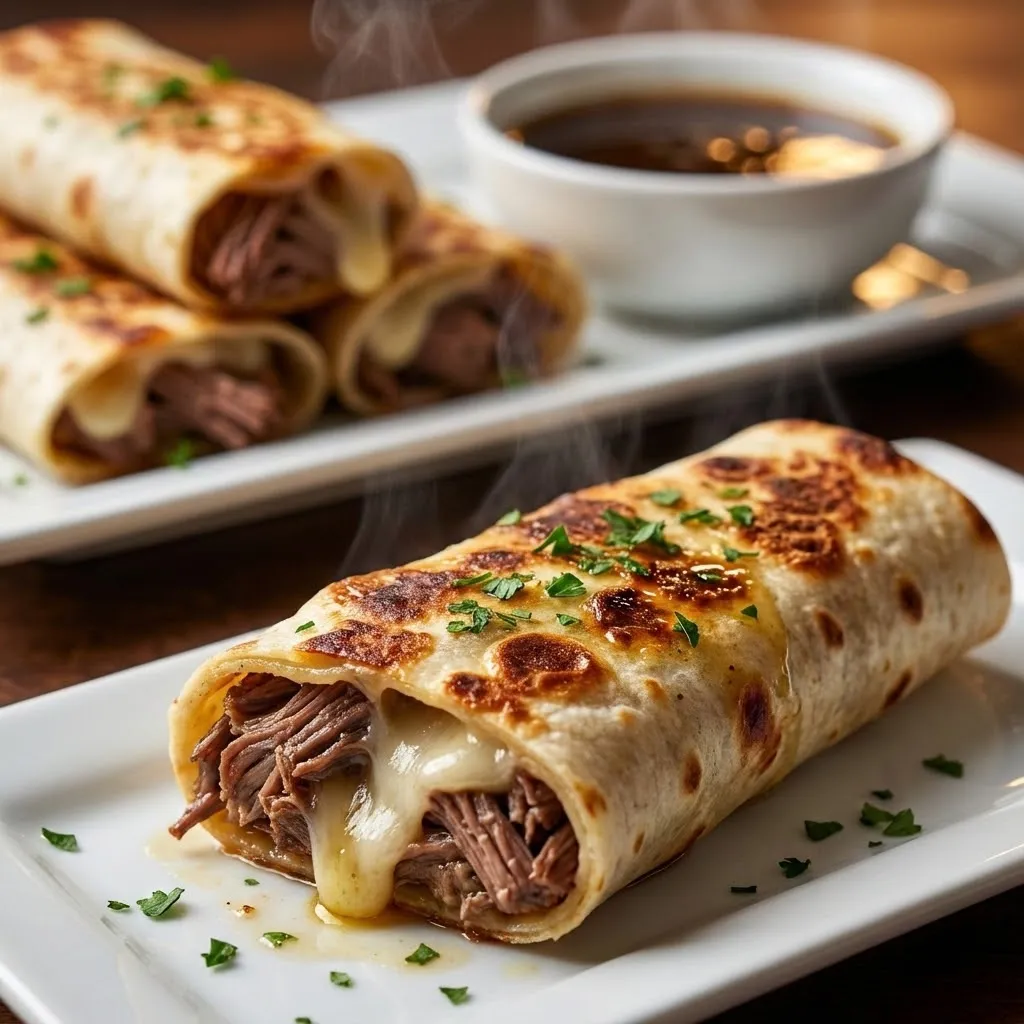 Two plates of food with a meat and cheese filled burrito on one plate and a bowl of soup on the other.