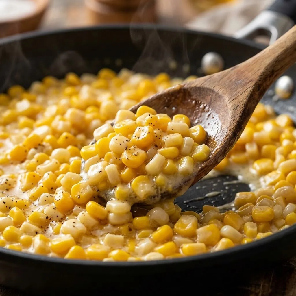 A wooden spoon is being used to stir a pan of corn.