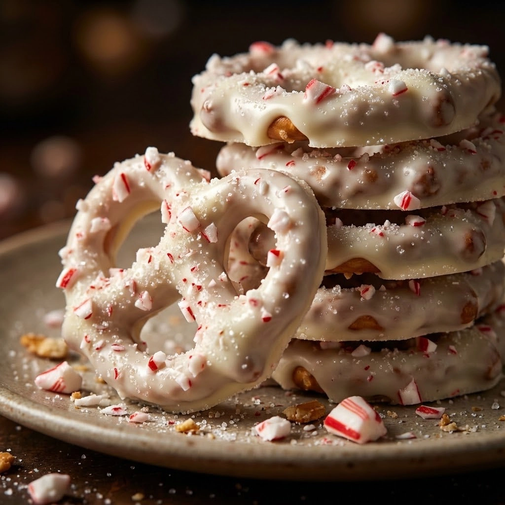 A stack of white and red frosted donuts.