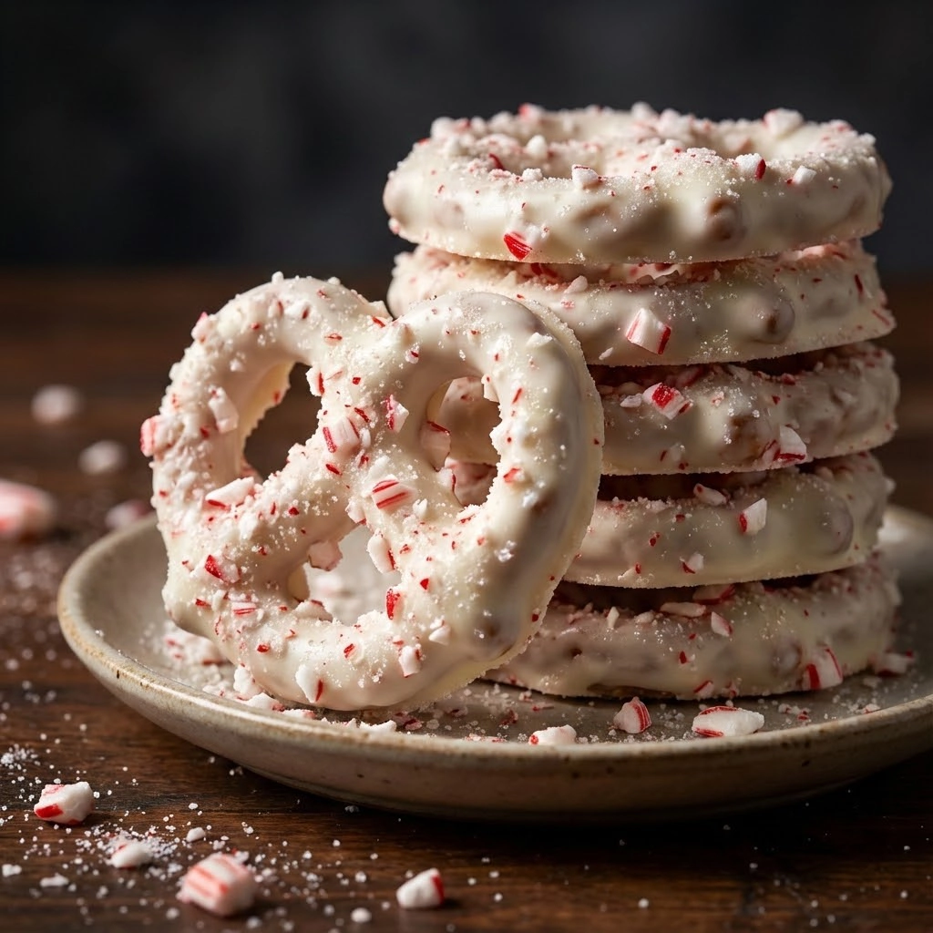 A stack of white and red sprinkled donuts.