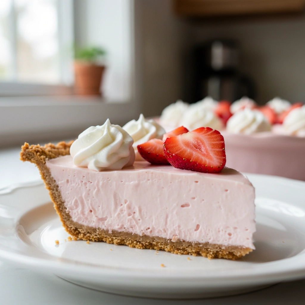 A slice of pink cheesecake with strawberries on top.