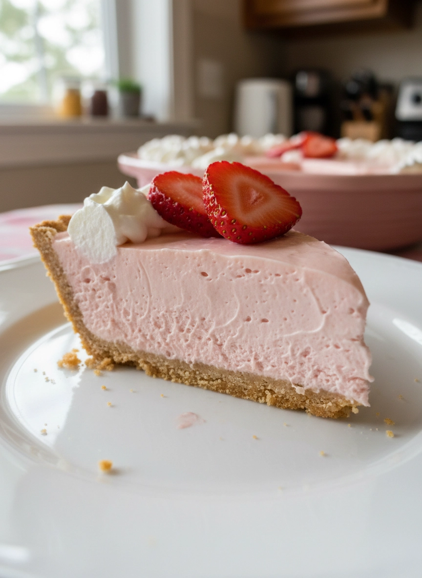 A slice of pink cake with strawberries on top.