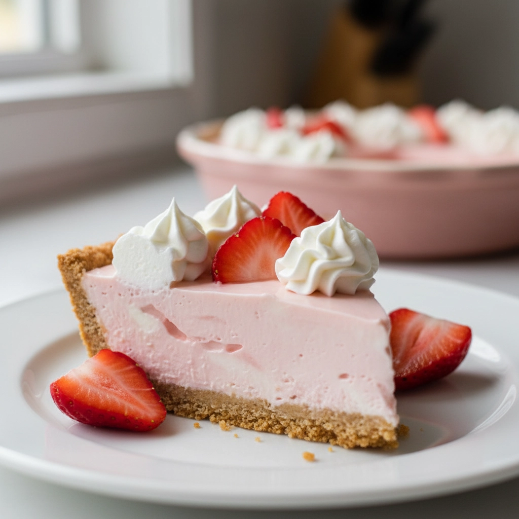 A slice of strawberry cheesecake with whipped cream on a white plate.