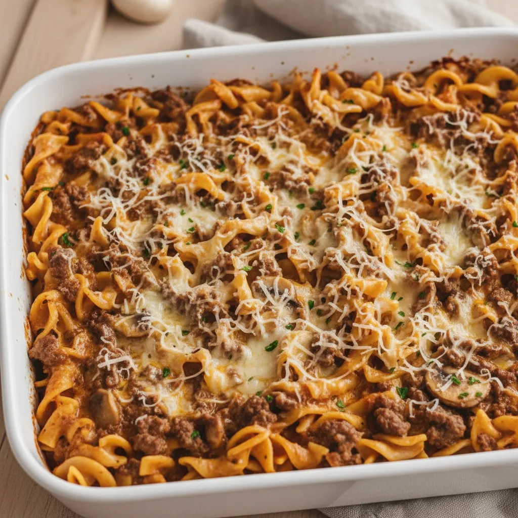 A white dish with a pasta and meat dish.